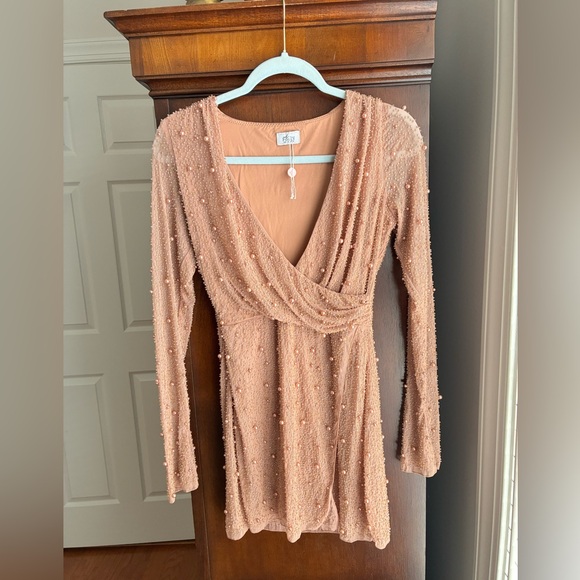Oh Polly Chelsea Embellished Wrap Over A-Line Mini Dress in Beige - Picture 6 of 14